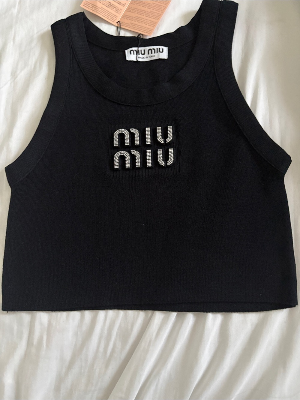 Miu Miu Black Crystal Logo Cropped Tank Top
